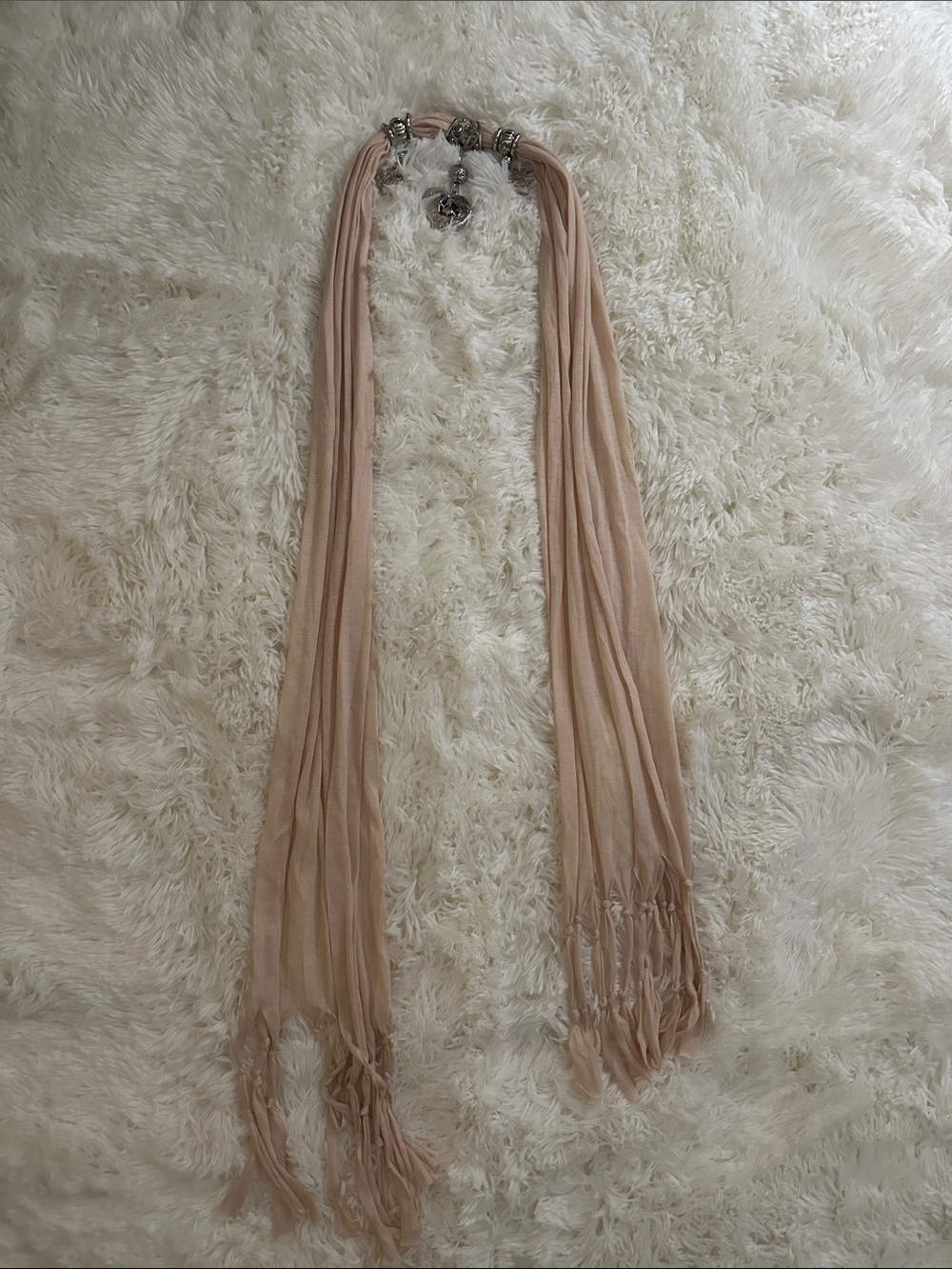 Light Blush Fringe Wrap Scarf with Decorative Ring Accent